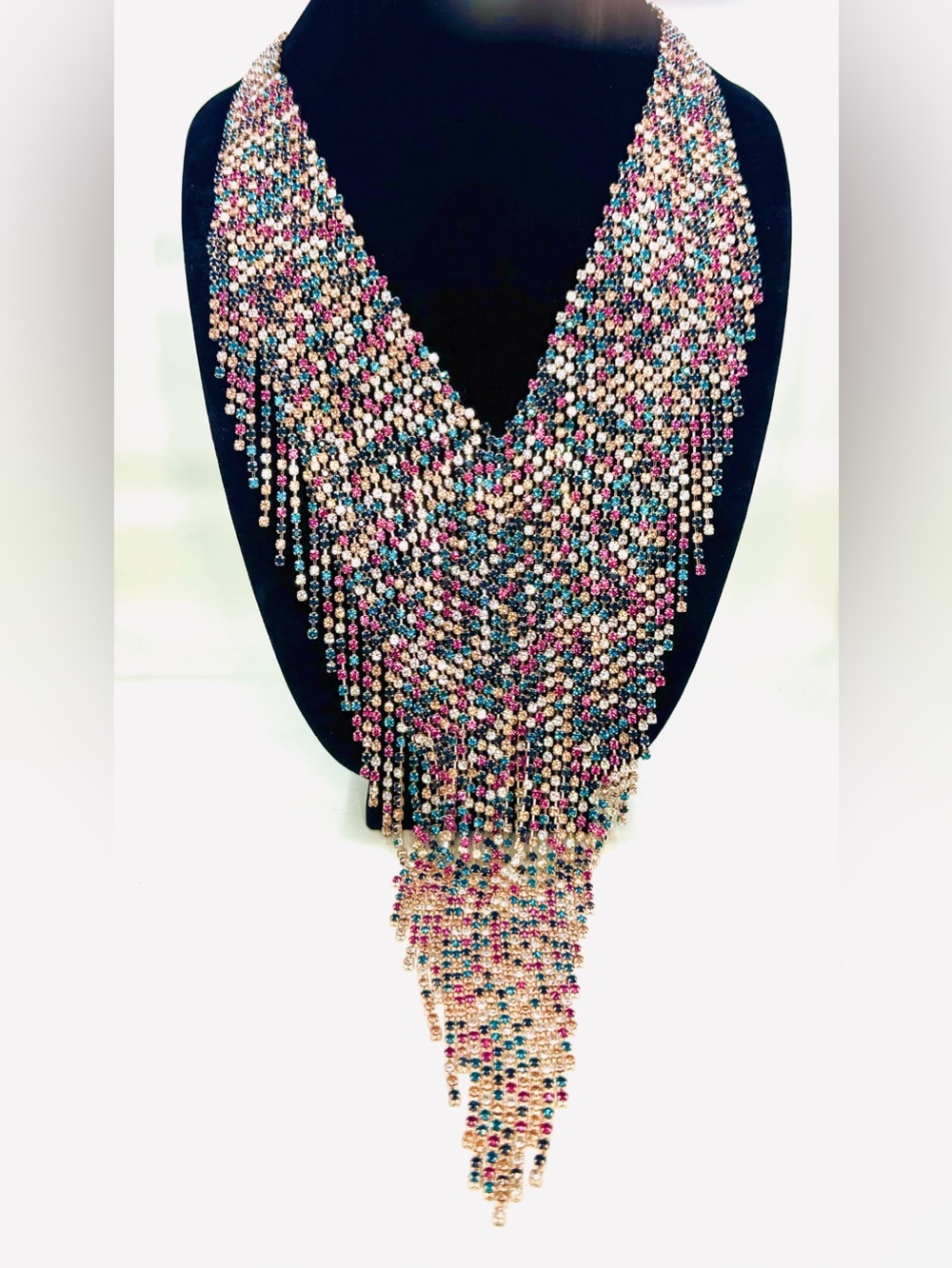Vintage Natasha Rose Gold Rhinestone Long Fringe Bib Statement Necklace 21-23”